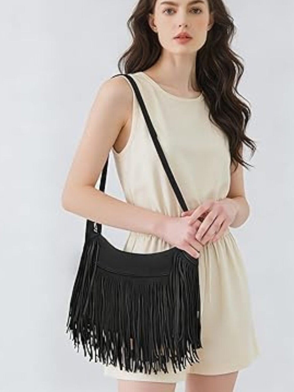 Boho Hobo Crossbody Bag Fringe Tassel Western PU Leather Purse Black